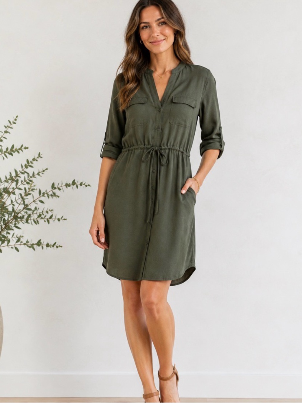 Max Studio Olive Green Utility Shirt Dress Drawstring Waist Roll Tab S
